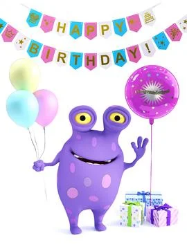 3D rendering of a spotted monster with party balloons and gifts. Stock Illustration
