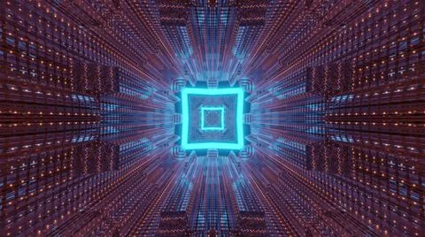 A 3D rendering of a square kaleidoscopic futuristic tunnel in blue and red vi Stock Illustration
