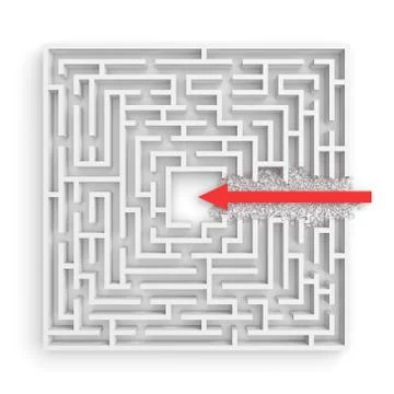 3d rendering of a square maze with a red arrow borrowing to the center isolated Stock Illustration