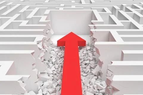 3d rendering of a square maze with a red arrow borrowing to the center in Stock Illustration