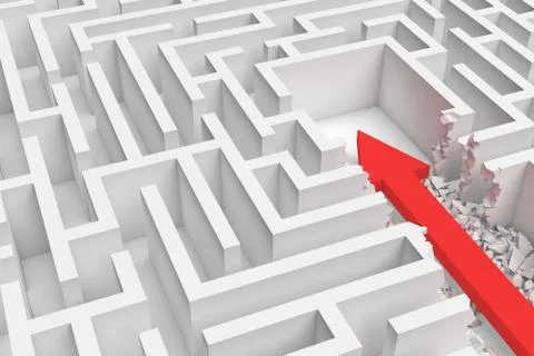 3d rendering of a square maze with a red arrow borrowing to the center in Stock-Illustration