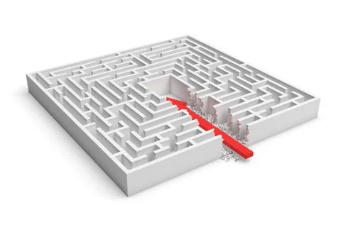 3d rendering of a square maze with a red arrow borrowing to the center isolated Stock-Illustration