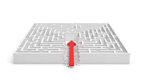 3d rendering of a square maze with a red arrow borrowing to the center isolated Stock Illustration