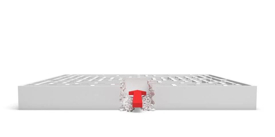 3d rendering of a square maze with a red arrow borrowing to the center isolated Stock Illustration