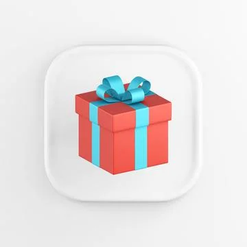 3D rendering square white button icon, red gift with blue bow isolated on w.. Stock Illustration