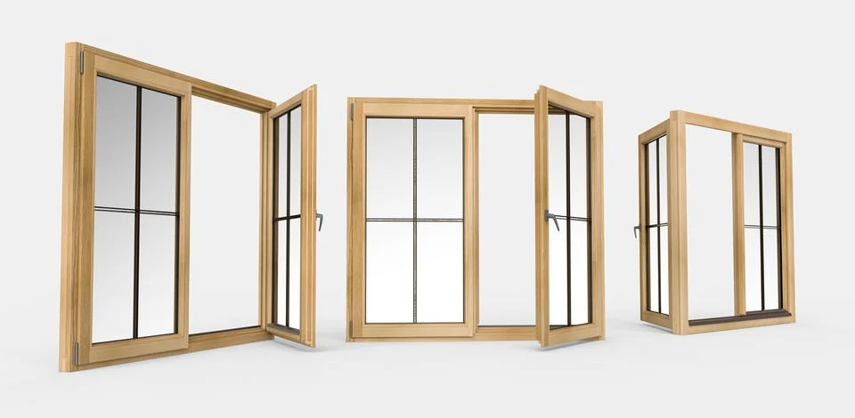 3D rendering of square wooden windows isolated in the white background Ilustración de archivo