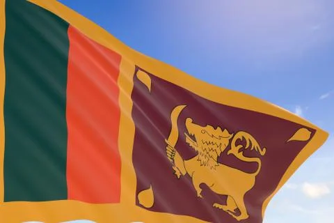 3D rendering of Sri Lanka flag waving on blue sky background, Stock Illustration