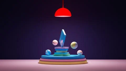 3d rendering stack book on circle podium and red lamp and light 스톡 일러스트