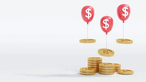 3D Rendering stack of coins balloons taking coins up on the air on backgrou.. Stock Illustration