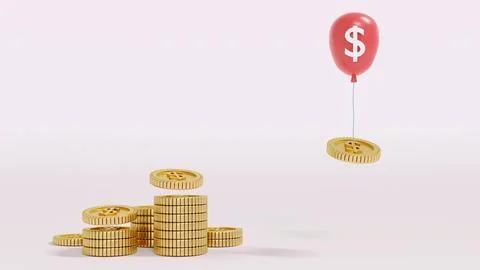 3D Rendering stack of coins balloons taking coins up on the air on backgrou.. Stock Illustration
