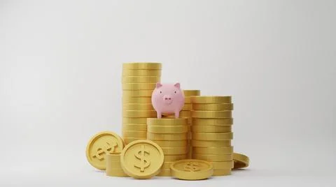 3d rendering. Stack of dollar coins with pink piggy bank on white background. Stock Illustration