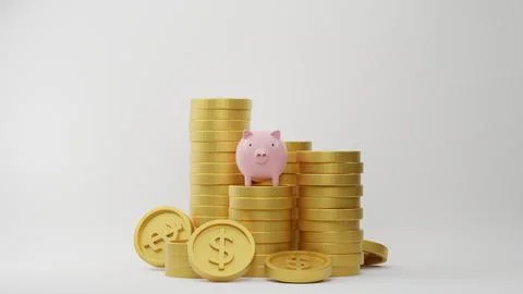 3d rendering. Stack of dollar coins with pink piggy bank on white background. Illustrazione stock