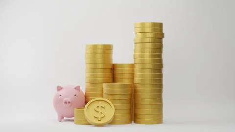 3d rendering. Stack of dollar coins with pink piggy bank on white background. Stock Illustration