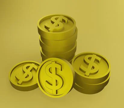 3D rendering of a stack of golden dollar coins on a yellow background Stock Illustration