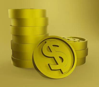 3D rendering of a stack of golden dollar coins on a yellow background Stock Illustration