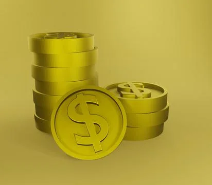 3D rendering of a stack of golden dollar coins on a yellow background Stock Illustration