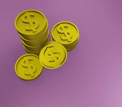 3D rendering of a stack of golden dollar coins on a purple background イラスト素材