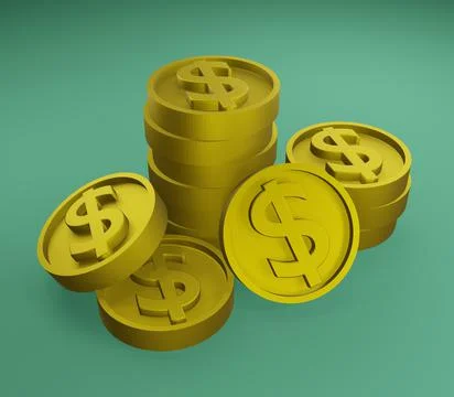 3D rendering of a stack of golden dollar coins on a green background イラスト素材
