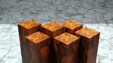 3D rendering of stack of wooden cubes on polished marble flooring 스톡 사진