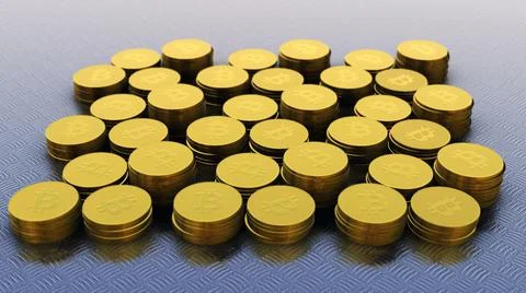 A 3D rendering of stacked golden bitcoins, Cryptocurrency, BTC currency, Busi 스톡 일러스트