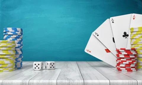 3d rendering of a stacks of casino chips with four ace cards on a wooden table Stock Illustration