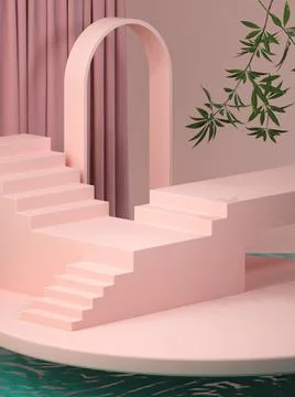 3D rendering of stairs and an arch bridge near pink curtains 스톡 일러스트