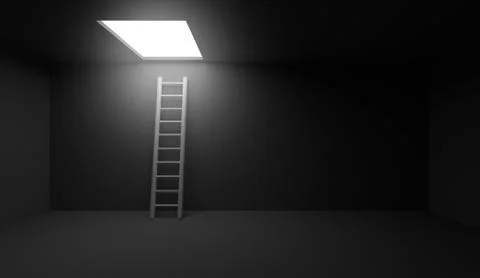 3d rendering stairs leading to the exit light window in the ceiling. Stock Illustration