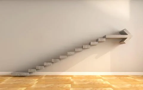 3D rendering of a stairway with an arrow on top against a beige wall indoors Ilustración de archivo