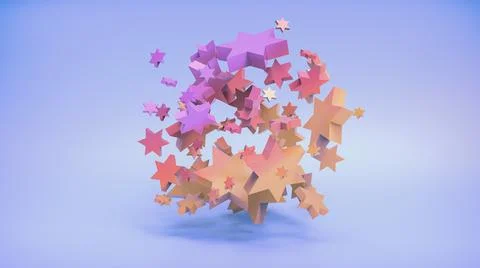 A 3D rendering of star-shaped objects of different sizes flying around in a c イラスト素材