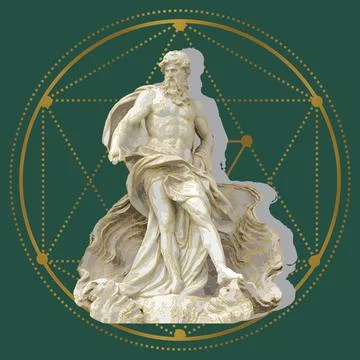 A 3D rendering of the statue of Zeus against a green background with geometri Stock Illustration