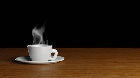 3D rendering of a steaming drink in a cup and saucer on a wooden table イラスト素材