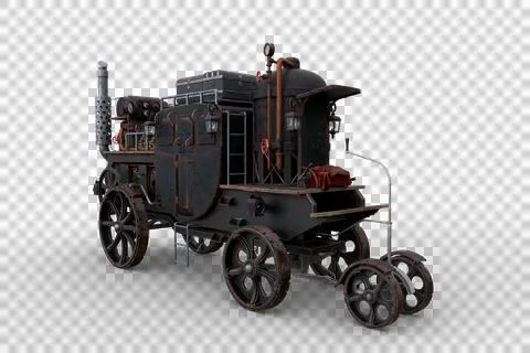 3D rendering of a Steampunk style steam powered carriage with luggage on top  Stock Illustration