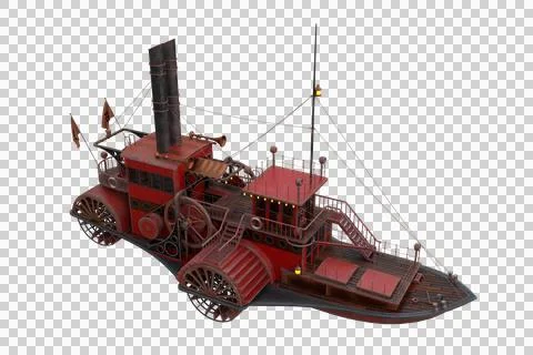 3D rendering of a Steampunk styled paddle steamer boat viewed from above isol Illustrazione stock