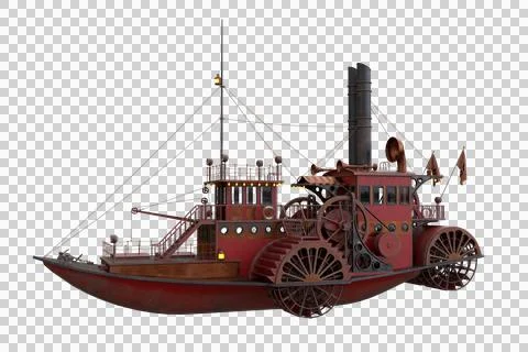 3D rendering of a Steampunk styled paddle steamer boat isolated on a transpar Stock Illustration