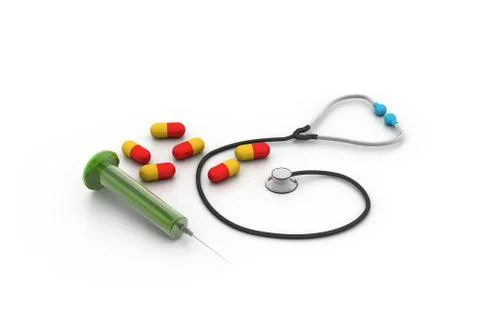 3d rendering stethoscope, syringe and pills Stock Illustration