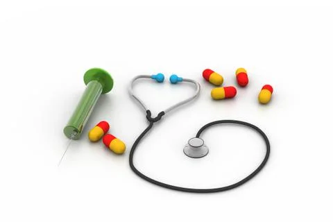 3d rendering stethoscope, syringe and pills Stock Illustration