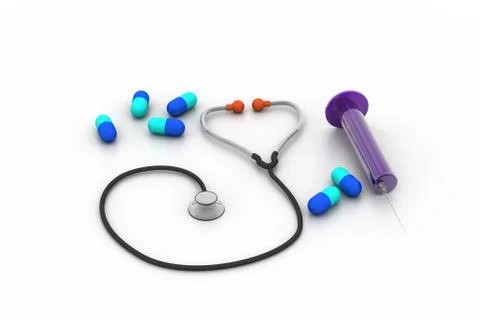 3d rendering stethoscope, syringe and pills Stock Illustration