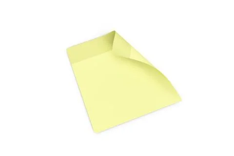 3D Rendering Sticky Note Sheet with Curled Corner on White Foto stock