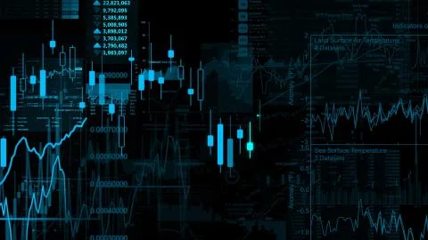 3D rendering of stock indexes in virtual space. Economic growth, recession Illustrazione stock