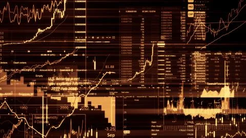3D rendering of stock indexes in virtual space. Economic growth, recession Illustrazione stock