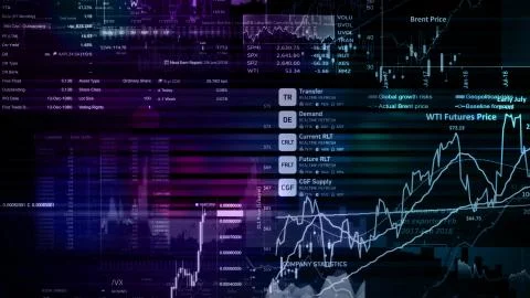 3D rendering of stock indexes in virtual space. Economic growth, recession Illustrazione stock