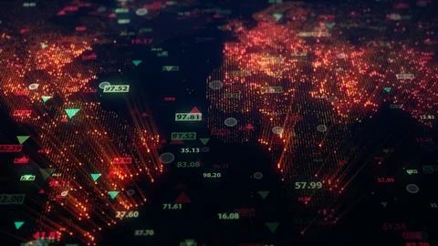 3d rendering of stock market data on digital earth map background 스톡 일러스트