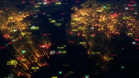 3d rendering of stock market data on digital earth map background Illustrazione stock