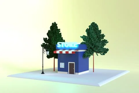 3D rendering of store or shop. Little shop. Store building. 3D minimal concep Illustrazione stock
