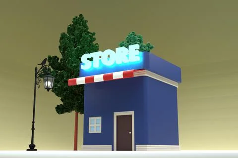 3D rendering of store or shop. Little shop. Store building. 3D minimal concep Ilustración de archivo