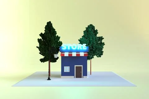 3D rendering of store or shop. Little shop. Store building. 3D minimal concep Illustrazione stock
