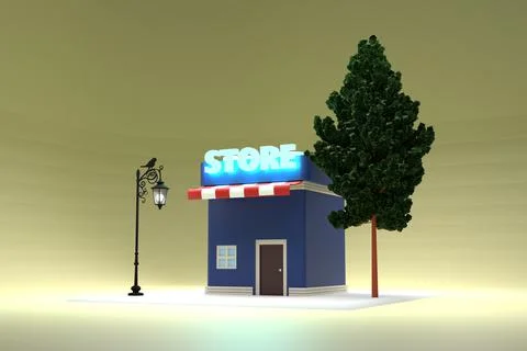 3D rendering of store or shop. Little shop. Store building. 3D minimal concep Illustrazione stock
