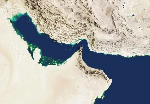 3D rendering of the Strait of Hormuz. Satellite view. Stock Illustration