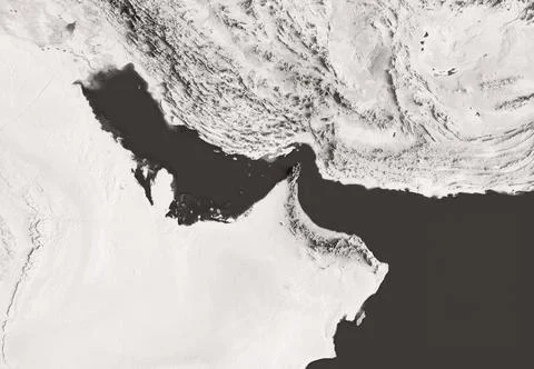 3D rendering of the Strait of Hormuz. Satellite view. Stock Illustration