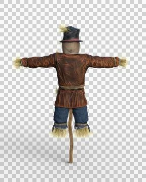 3D rendering of a straw filled scarecrow on a wooden stake seen from behind i Illustrazione stock